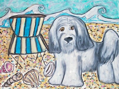 5x7 Art Print DOG Portrait TIBETAN TERRIER on the Beach Artist Signed Artwork