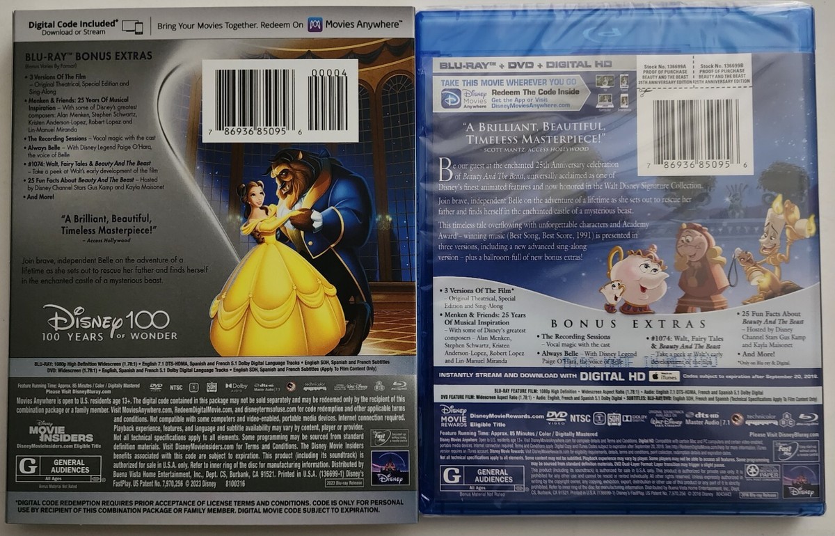 NEW BEAUTY AND THE BEAST BLU RAY + DVD 2 DISCS DISNEY100