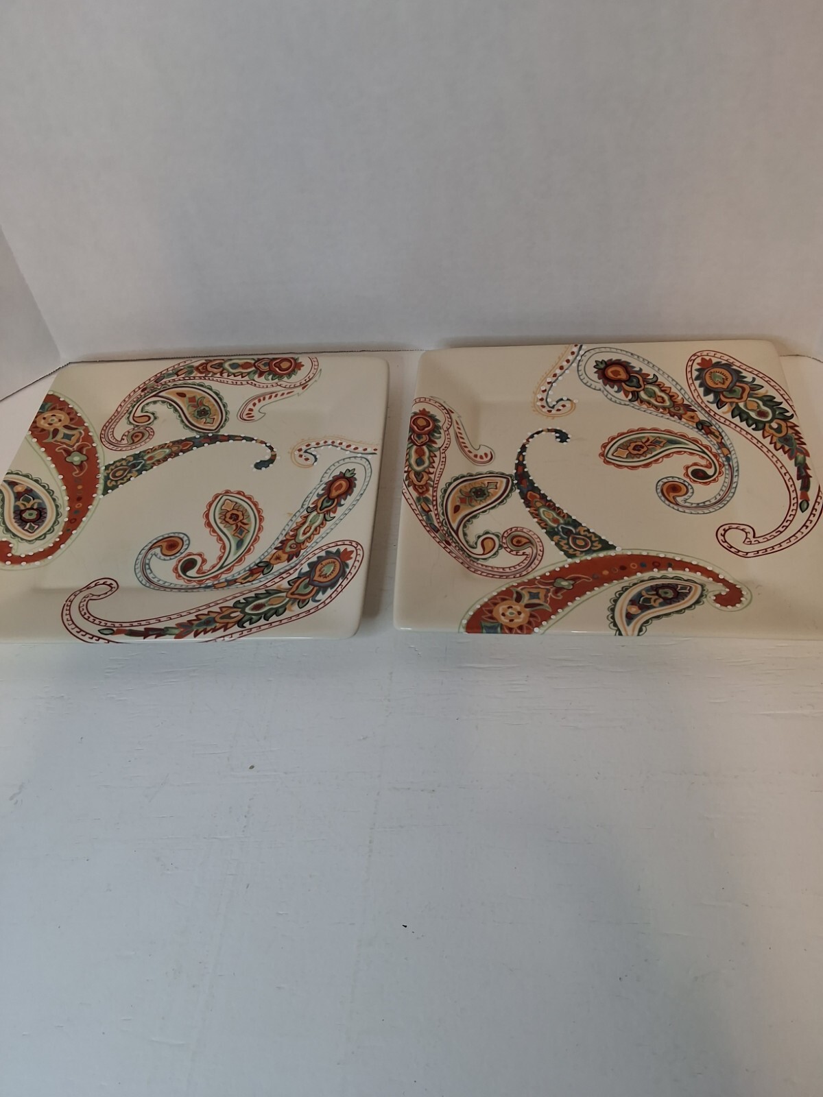 Two Square Dinner Plate Tabletops Gallery Multi Paisley Pattern 10 1/2