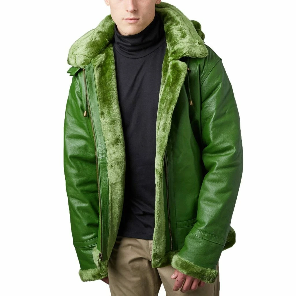 Tanner Avenue Mens Aviator Pilot Bomber Genuine Leather Green Jacket Hoodie M