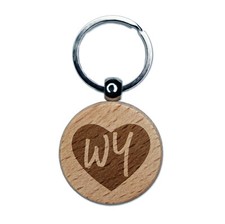 WY Wyoming State in Heart Engraved Wood Round Keychain Tag Charm