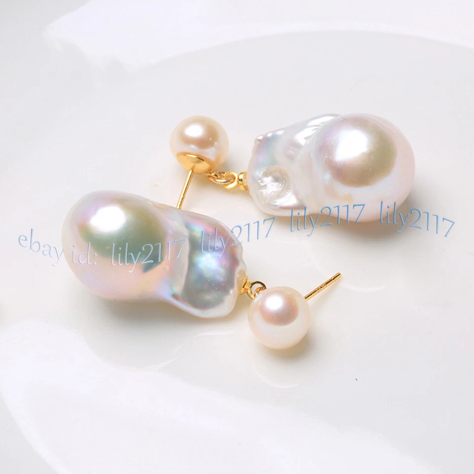 PENDIENTES COLGANTES ORO PERLA BARROCA AGUA DULCE BLANCA NATURAL REAL 15-25 MM Foto 4 de 4