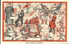 COLOR TWO-PAGE PUNCH CARTOON - "Our Versatile Premier" 1916 ASQUITH SATIRE