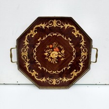 Grande Vassoio Vintage Legno Intarsiato Ottone 40 Cm X 40 CM