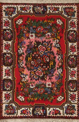 Tribal Geometric Bakhtiari Area Rug Red Wool Hand-knotted Nomad Carpet 4'x5'