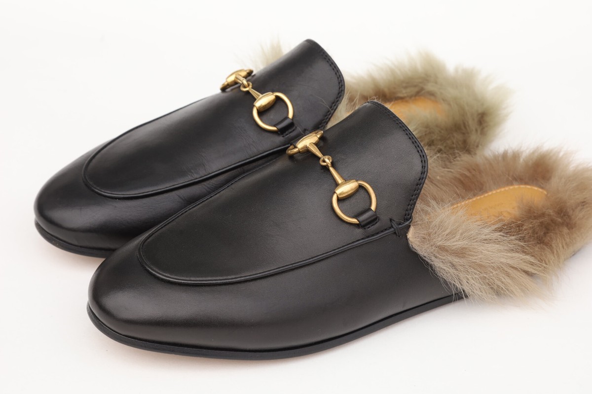 GUCCI Women's Black Leather Princetown Fur Slippers Flat