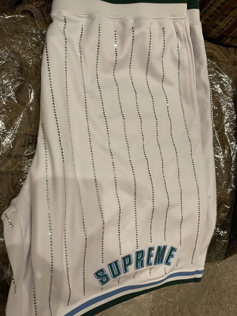 Supreme Rhinestone Stripe Basketball Shorts (White M) Brand New