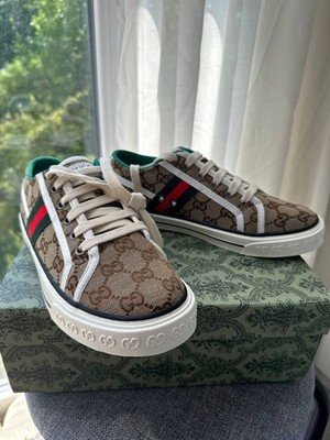 Gucci GG Canvas Low Top Sneakers Beige Monogram Web Stripe Shoes EU 38 US Women 