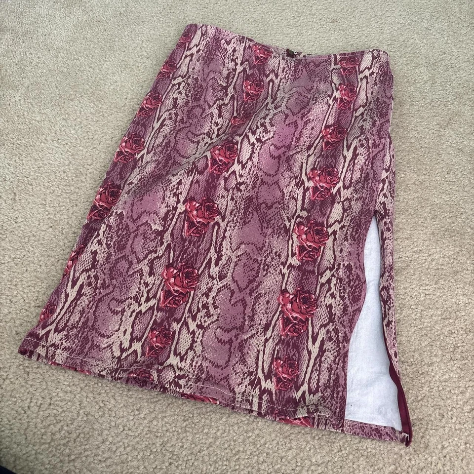 Y2K Snake Skin Mini Skirt Womens 9/10 Roses XOXO Pencil Skirt Cute Goth - Image 3 of 4