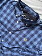 Fred Perry Mens Extra Large Long Sleeve Button Up Preppy Shirt Blue Navy Plaid