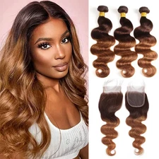 Ombre Body Wave Human Hair Bundles with 4x4 Lace Closure T4/30 Virgin Remy Hair