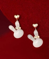 New Gold Heart Stud With Rabbit Drop Dangle Earrings - Easter Bunny Jewellery