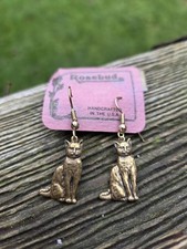 Vintage Cat Earrings Dangle Gold Tone Rosebud Made In USA