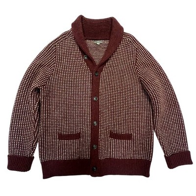 LL Bean Signature Burgundy White Wool Knit Shawl Collar Cardigan Sweater Size XL