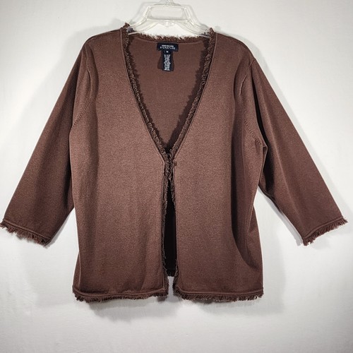 Jones New York 2-Piece Sweater Set Sz XL Signature Mocha Brown 3/4 Sleeve Fringe - Picture 2 of 24