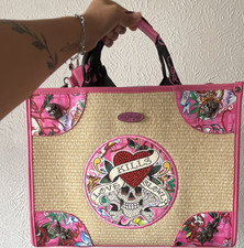 NWT Ed Hardy Pink Tote Bag with Skull Heart, Studded Rhinestone Accents