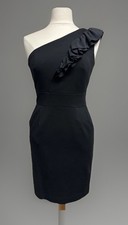 Trina Turk Little Black Cocktail One-Shoulder Dress, Ruffled, Sz 2, Pockets
