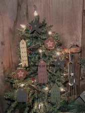 10 Primitive Handmade Wood Saltbox House Star Penny Black Crow Ornament Tuck