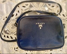 Prada VIP Shoulder Bag Navy Blue Leather Strap Made In Italy .