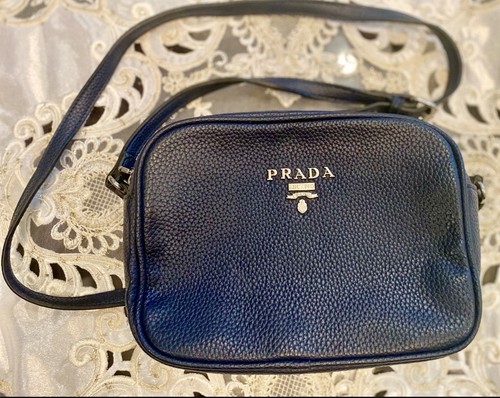 Prada Authentic VIP Shoulder Bag Navy Blue Leather Strap Made In Italy .