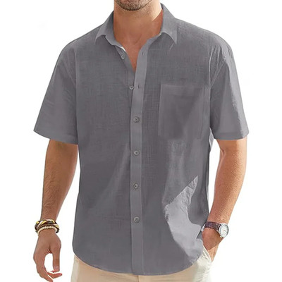 Men's Solid Color Cotton Linen Short Sleeve Shirts Vacation Beach Summer Tops Wi
