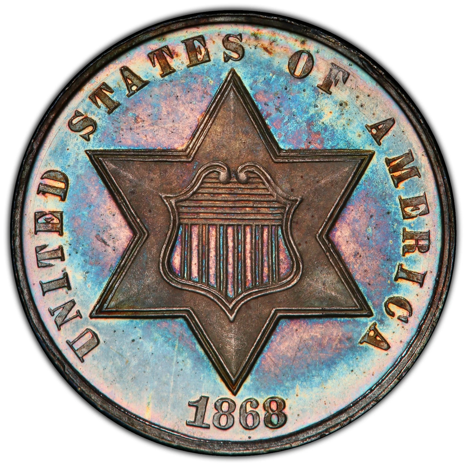 1868 3cs 🌈PCGS PR-66+CAM✳️CAC ✳️ 3 Cent Silver Proof 🌈TONED;ONLY 600 MINTED!!!!