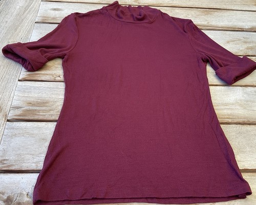 American Apparel Burgundy Mock Neck Short Sleeve Rib T Tee Shirt Top Size L 12 - Picture 2 of 11
