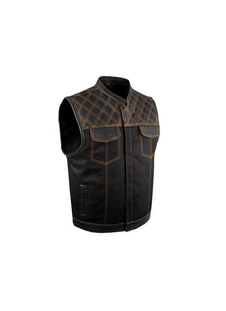 Men's Dream Apparel Black Leather & Denim Motorcycle Vest with Orange Stitching