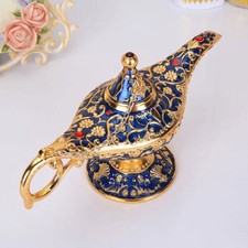 Large Dark Blue Vintage Aladdin Magic Genie Lamp - Metal Carved Wishing Light
