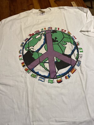 Vintage 90s Earth T-Shirt World Peace White Shirt Country Flags 