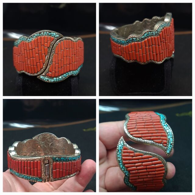 126.70 Gm Rare Vintage Nice Coral Tibetan Nepalese Spring Adjustable Bangle Cuff