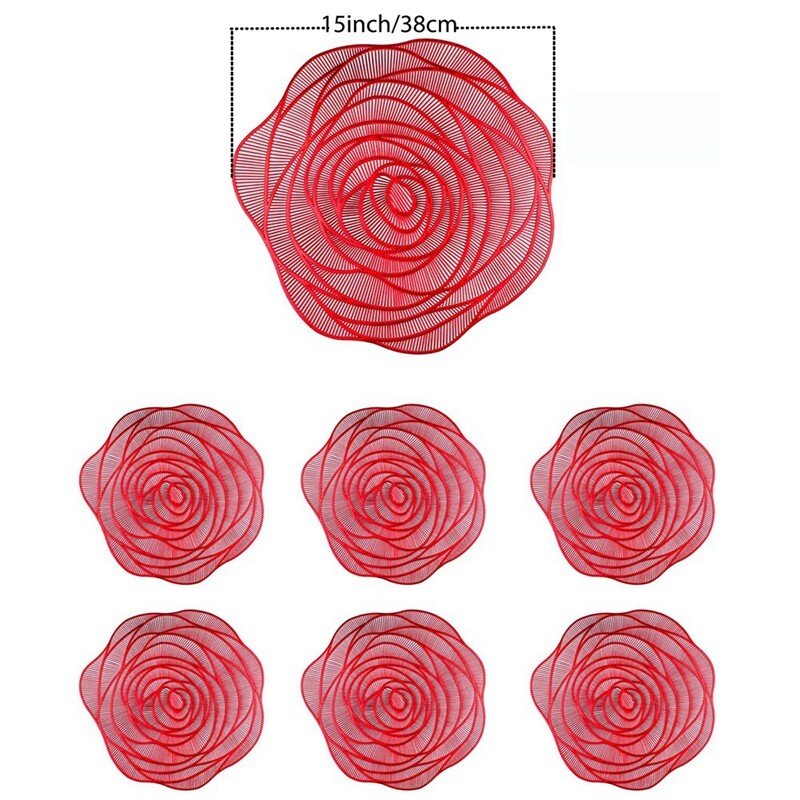 6Pcs Red Placemats and Coasters Pressed Vinyl 15 Inch Rose Round Place