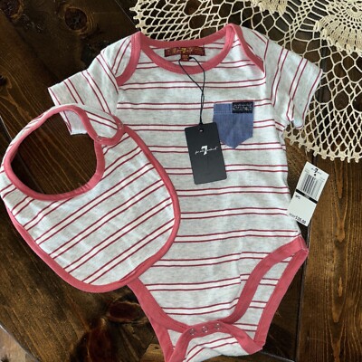 NWT 7 For All Mankind Baby Boy 18M 2 Pc Bodysuit Outfit + Bib Red Striped