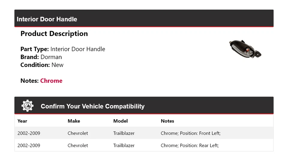 Manija de puerta interior para Chevrolet Trailblazer Dorman 2002-2009 2003 2004 2005 Foto 2 de 4