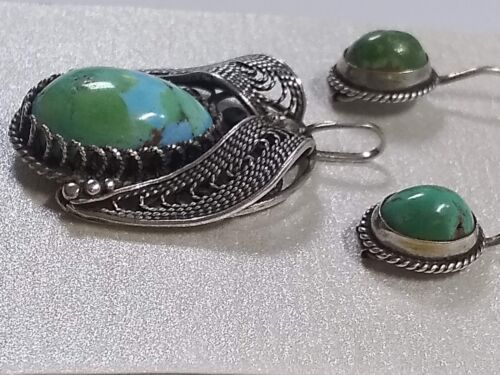 Vintage handgefertigt grün türkis Cabochon filigran Anhänger & Ohrringe Set Menge - Bild 2 von 8