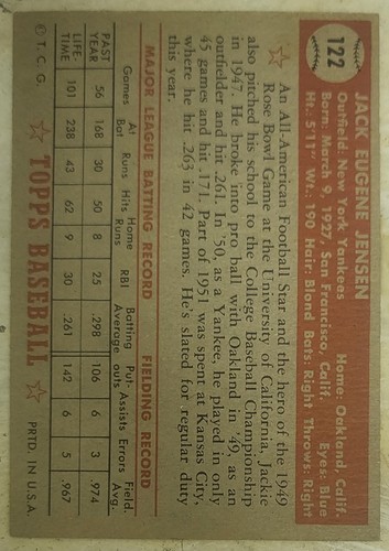 1952 Topps #122 Jack Jensen VG - Picture 2 of 2