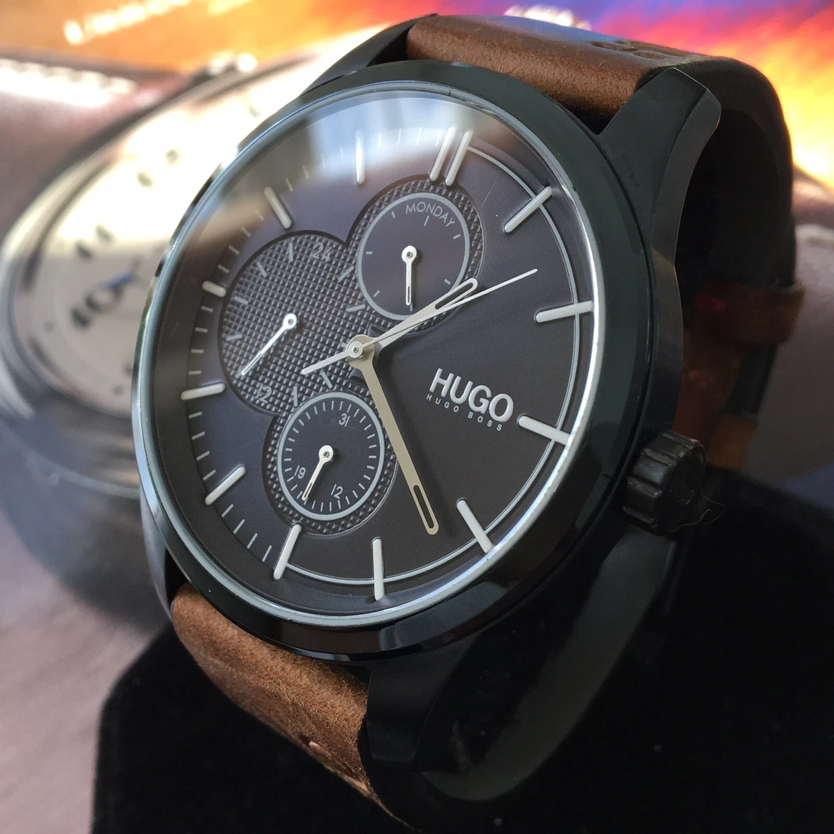 Hugo men's discover brown leather strap watch Clearance