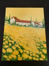 Outsider Art Oil Painting On Canvas House in Yellow Flower Field Landscape