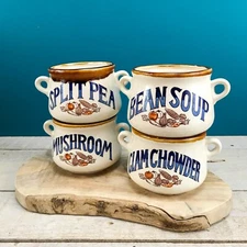 VINTAGE Mid-Century Soup Bowls Set Of 4 Onion Chowder Bean Split Pea Boho Japan