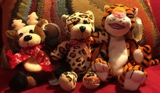 Trio small stuffed plush leopard, tiger and reindeer. Coca Cola Reeces mascots