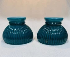 (2) Dark Green Ribbed Glass Hurricane Kerosene Oil Student Lamp Shades 6” Fitter