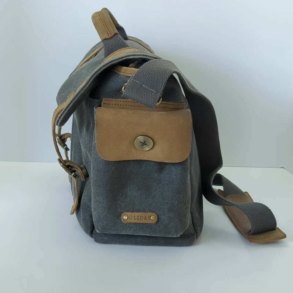 Oliday Street Messenger Crossbody Camera Laptop Bag Grey Canvas Brown Leather  - Image 2 of 4