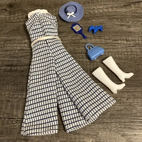 Vintage Barbie Size 1960s Outfit Set - Blue & White Jumpsuit & Accessories