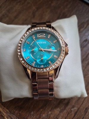 Fossil Riley ES3385 Watch Womens Rose Gold Tone Turquoise Blue Dial Crystals 