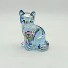 Fenton Hand Painted Art Glass Cat Figurine Blue Iridescent Floral Signed