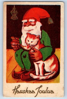 c1910's Christmas Elf Gnome Feeding Cat Kitten Swedish Tiny Sweden Postcard