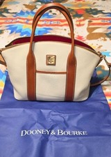 Dooney Bourke Cream Brown Pebbled Satchel Top Handle Zip Pockets Strap