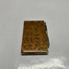 Vintage Metal Notebook Pad Folding Compact Style Flowered Cover Gold Tone Pen
