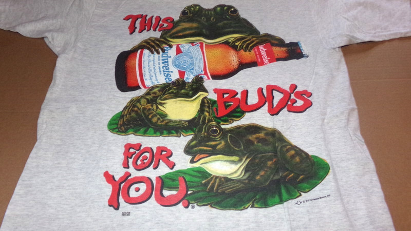 Vintage 90s Budweiser L “This Bud’s For You” Frog Promo Tee shirt 1996 Gildan