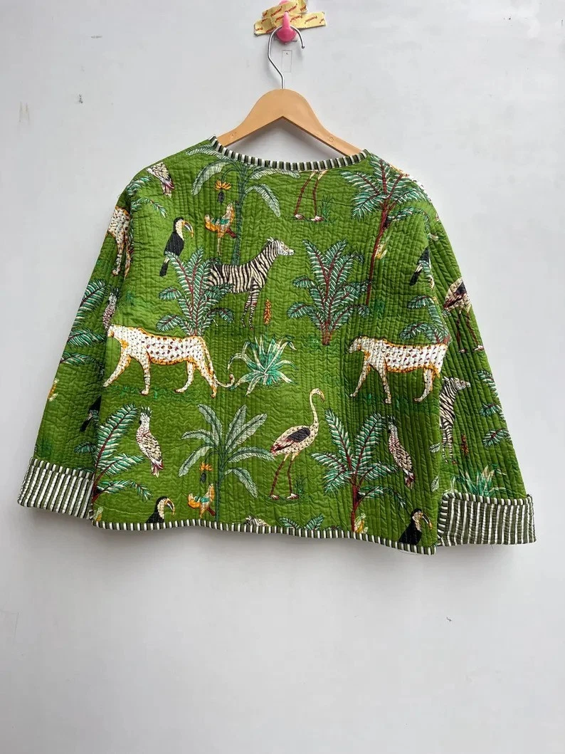 Indian Green Floral 100% Cotton Quilted Unisex Jacket Women's Clothing Jacket AU